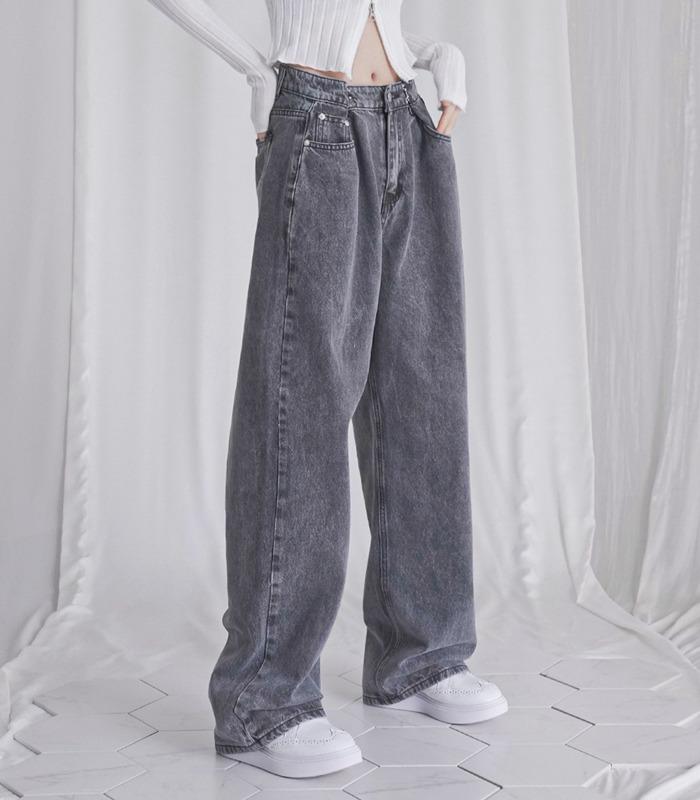 BUCKLE WIDE DENIM PANTS GREY