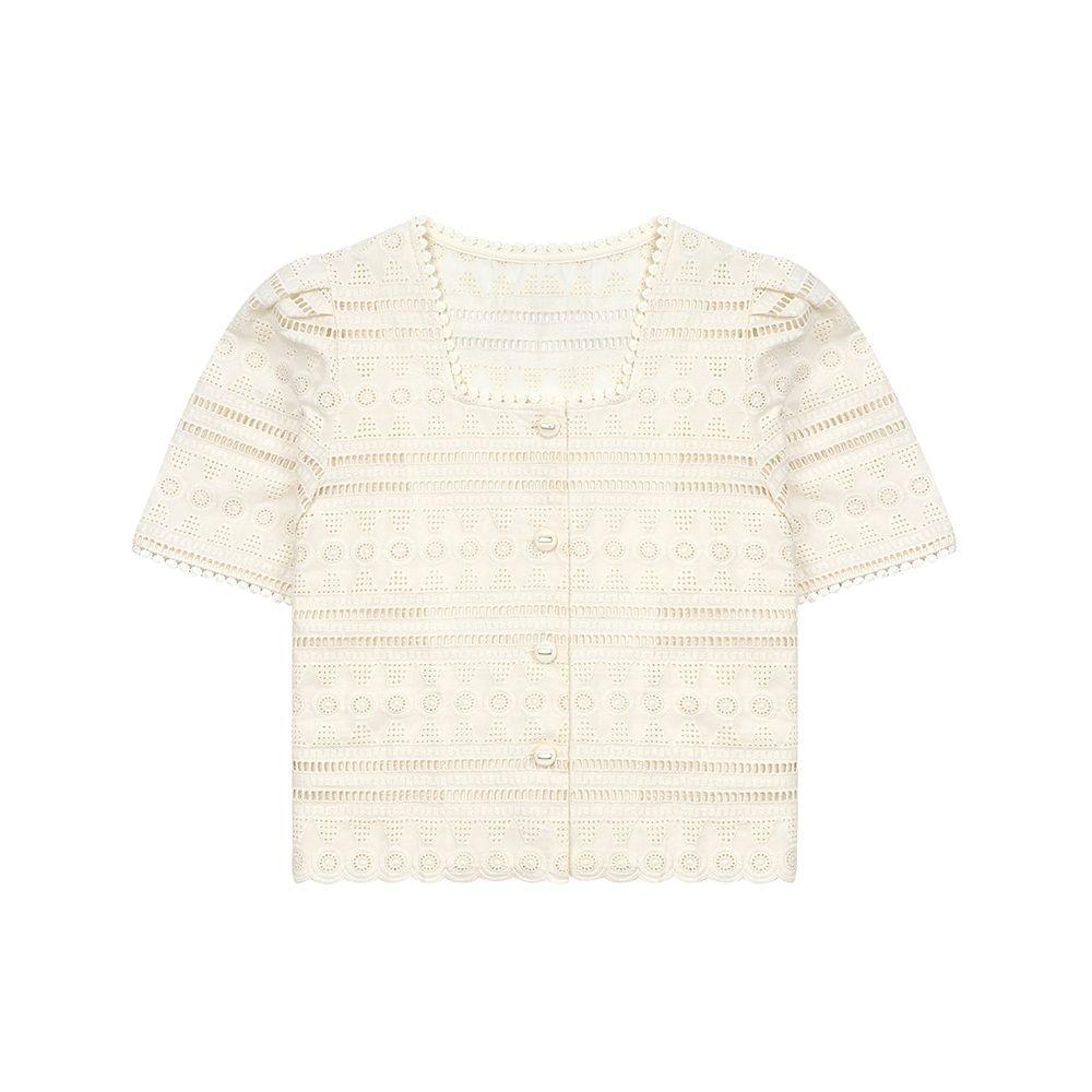 레이스 배색 스퀘어넥 자가드 블라우스(TIBAE2475)