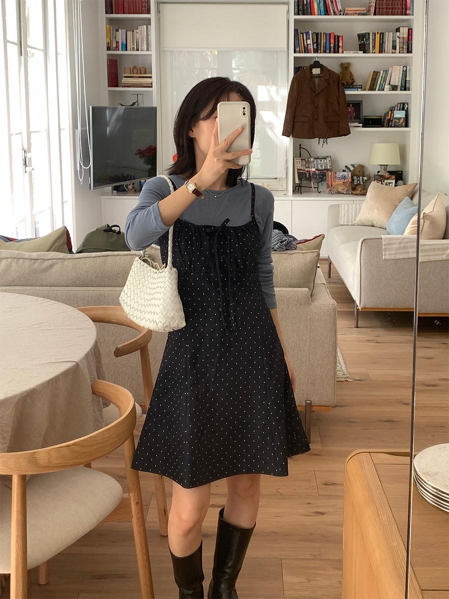 시애 도트 땡땡이 나시 미니 원피스