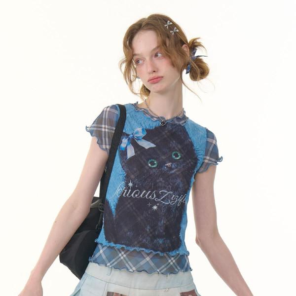 cat print mesh blue short-sleeved T-shirt