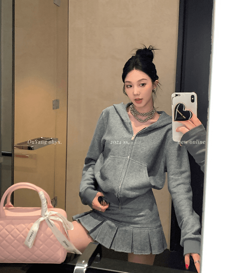 Gray Denim Zip-Up Hood Pleated Skirt Set (Individual Selection)