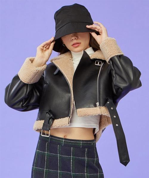 [벨트탈부착,39차 재입고] WOMEN 크롭 오버핏 무스탕 플리스 자켓 Black_Beige [라이더 ver.]