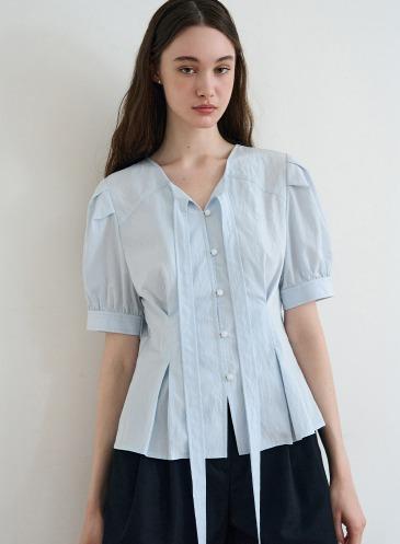 턱 퍼프 반팔 타이 블라우스 [SKY BLUE]