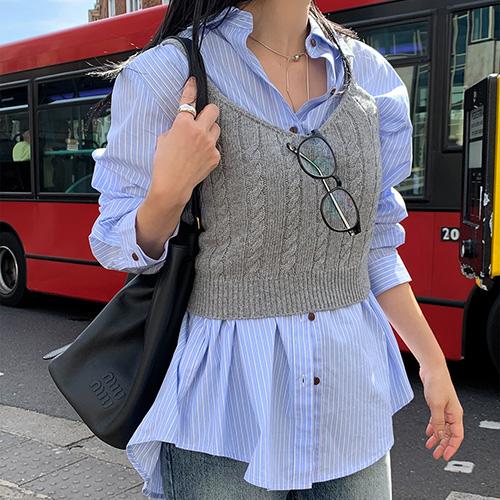 미니뽕 [조끼/레이어드] 루미 케이블 울 니트 크롭 뷔스티에