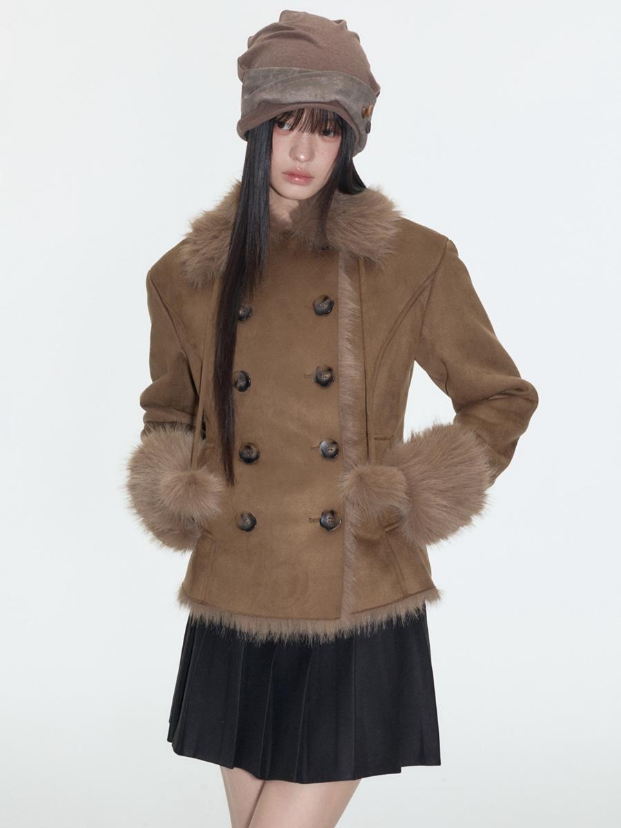 Onthereverse Faux Suede Fur Trim Jacket