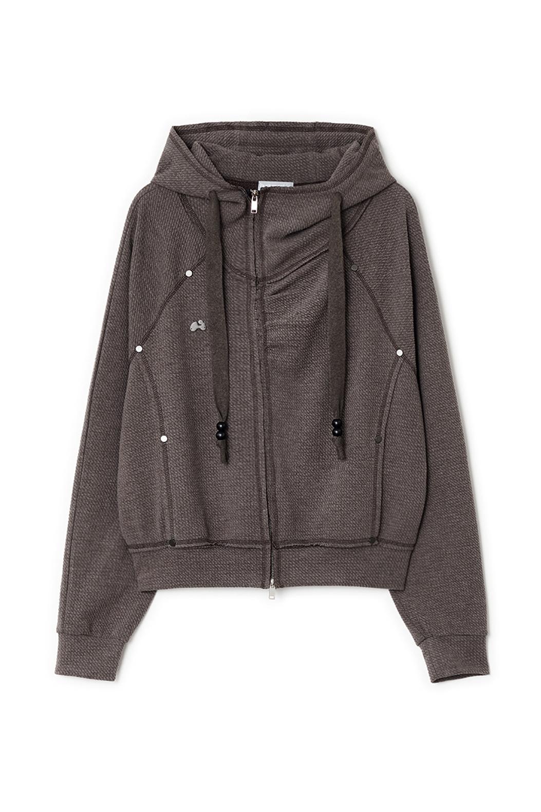 Shirring high-neck hoodie zip-up (Pink Brown)