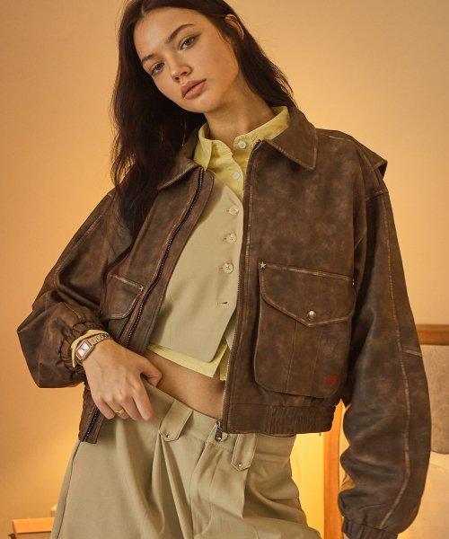 스타 레더 자켓(워시드)(크롭핏)-브라운