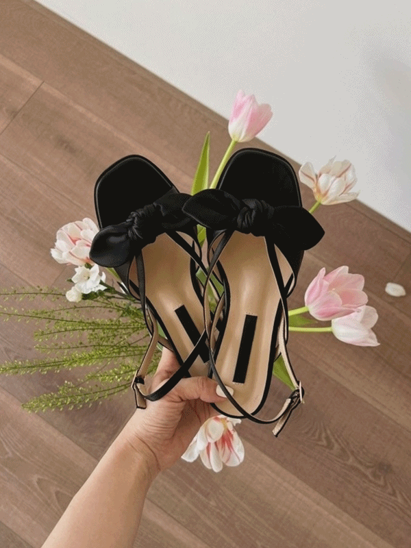 [금장선택] 마리렌 리본 새틴 버클 스트랩 발편한 쿠션 샌들 힐