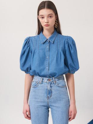 planet-114  Pin tuck puff sleeve denim blouse_blue