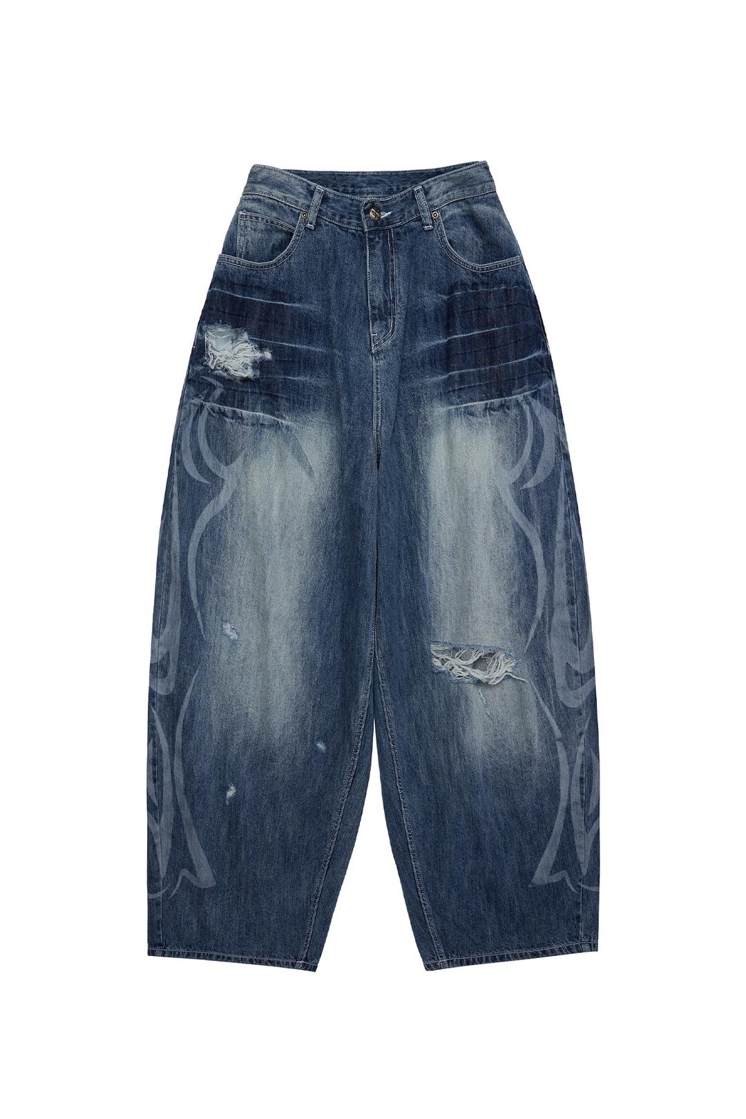 DAMAGED WASHED BALLOON DENIM PANTS BLUE