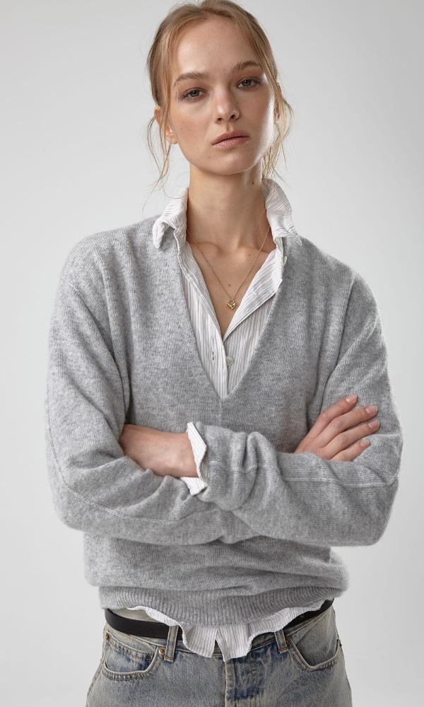 WHOLEGARMENT DEEP V-NECK KNIT (SOFT GREY)
