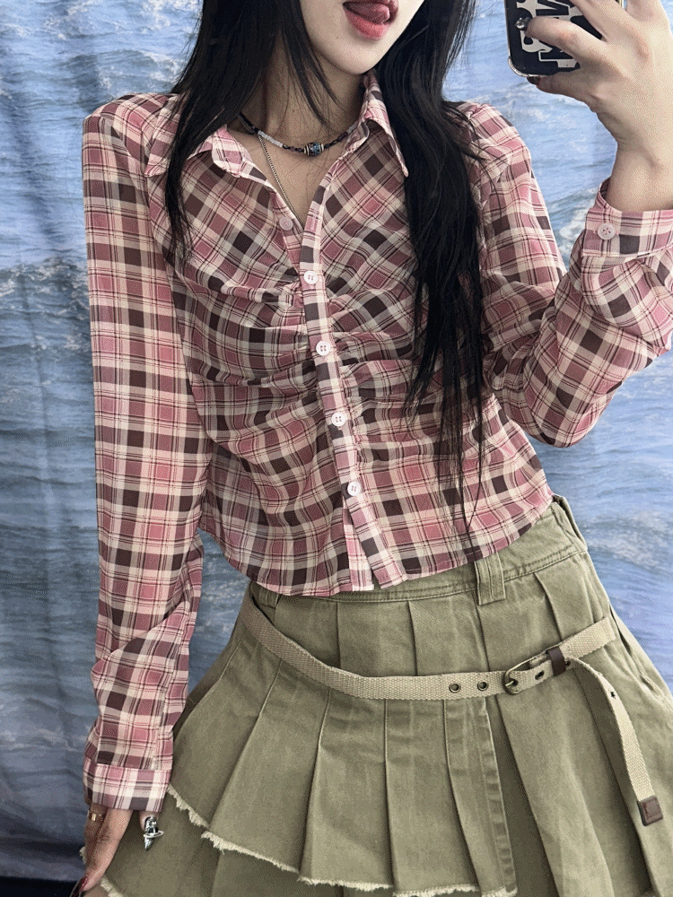 y2k 하이틴 걸즈 세미 크롭 셔링 포인트 체크 시스루 셔츠(2color)