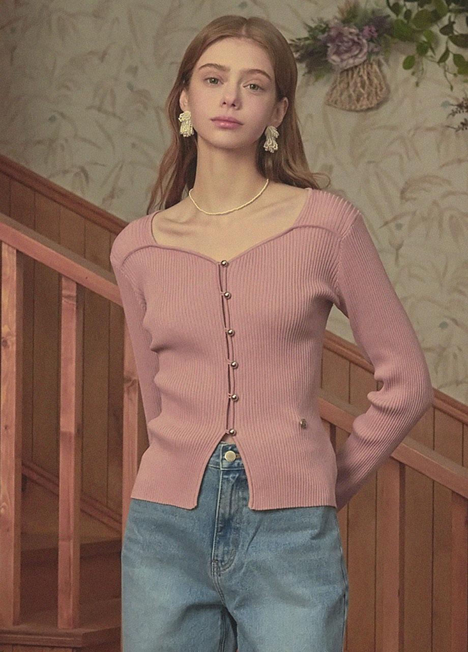 미케네 [44-120]  Bouquet Heart Neck Knit Pink  부케 하트넥 니트 핑크 (봄-가을-하객룩-데이트룩-격식룩-출근룩-오피스룩-데일리룩-하트넥-골지니트-페미닌-러블리-빅사이즈-자체제작)