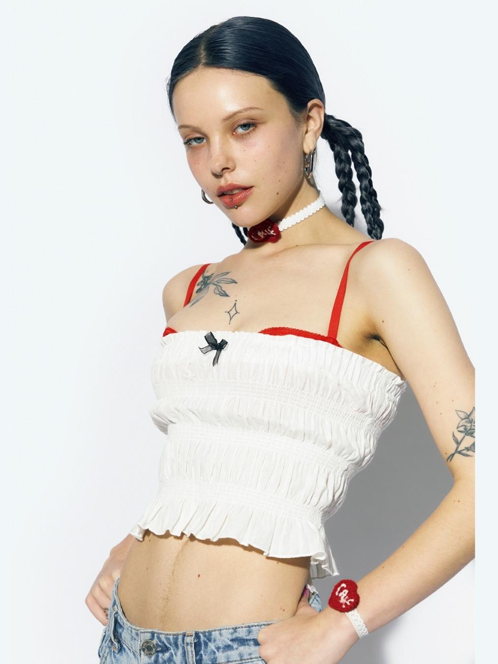 FRILL SHIRRING TUBE TOP WHITE