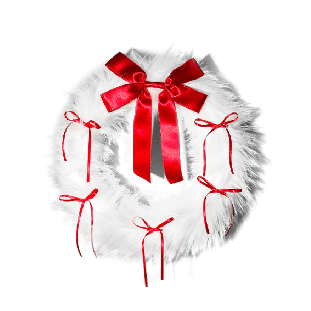 KIKOU) FURRY RIBBON WREATH (White/red)