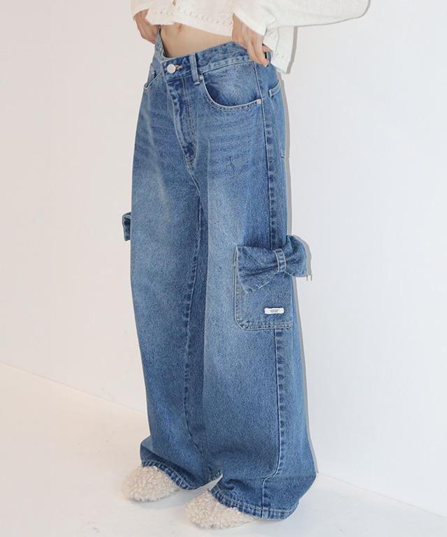 RIBBON POCKET CARGO DENIM PANTS MEDIUM BLUE