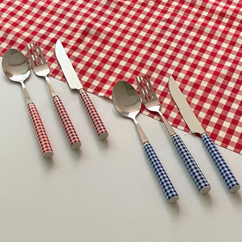 레드 / 블루 체크 커트러리 3종