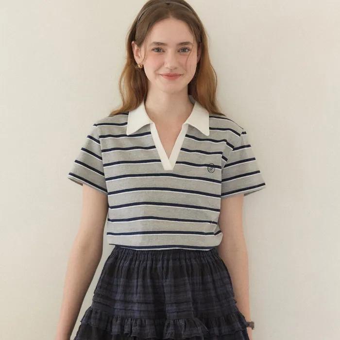 Rory Stripe Collar T-shirt - Melange Grey