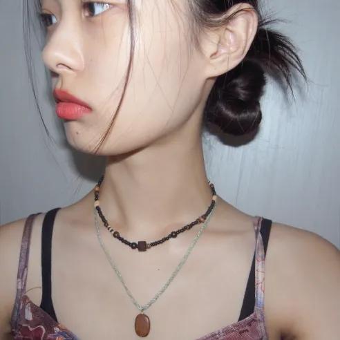 [디테일]보헤미안 오리엔탈 빈티지 유니크 나무 우드 비즈 목걸이