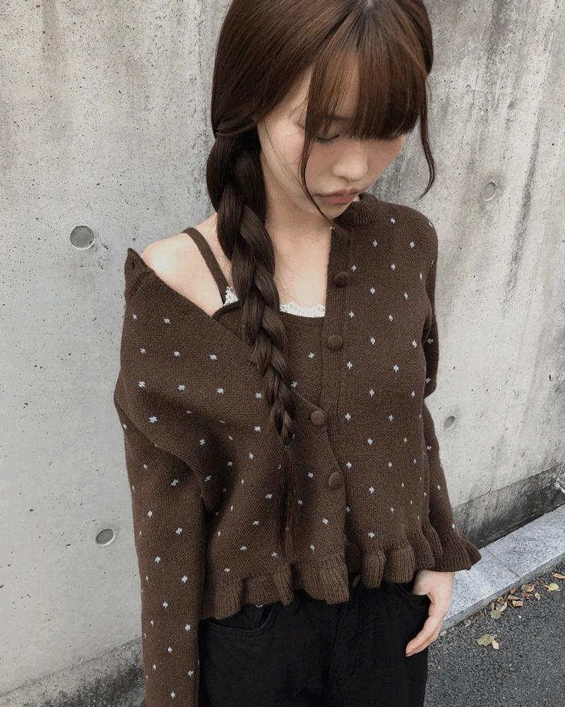 쿠라 도트 나시 프릴 가디건 세트