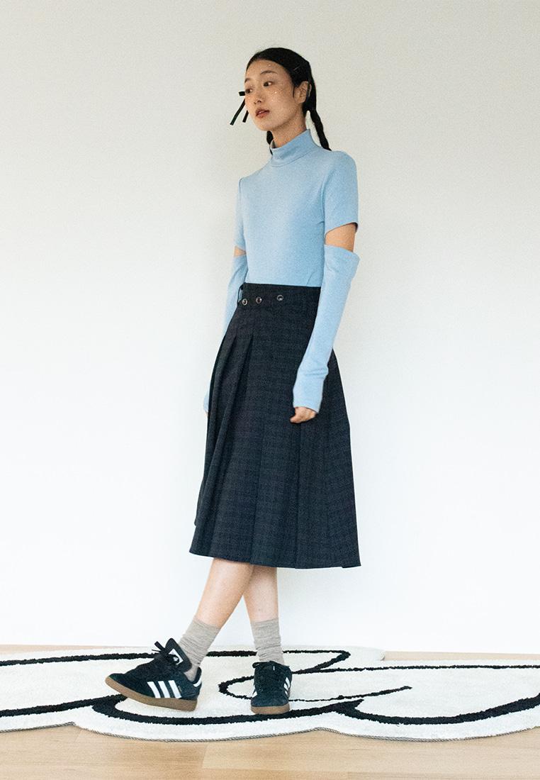 CHECK MIDI WRAP SKIRT_NAVY