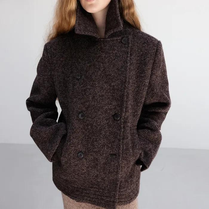Shetland Wool Knitted Pea Coat_Espresso