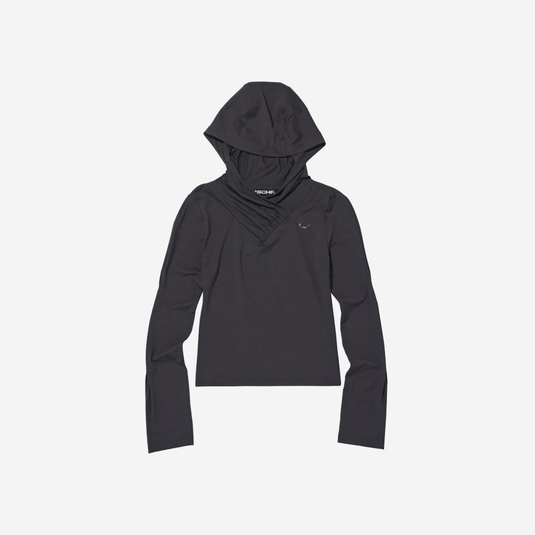 (W) Mischief Hooded Shirring Overlap Top Charcoal