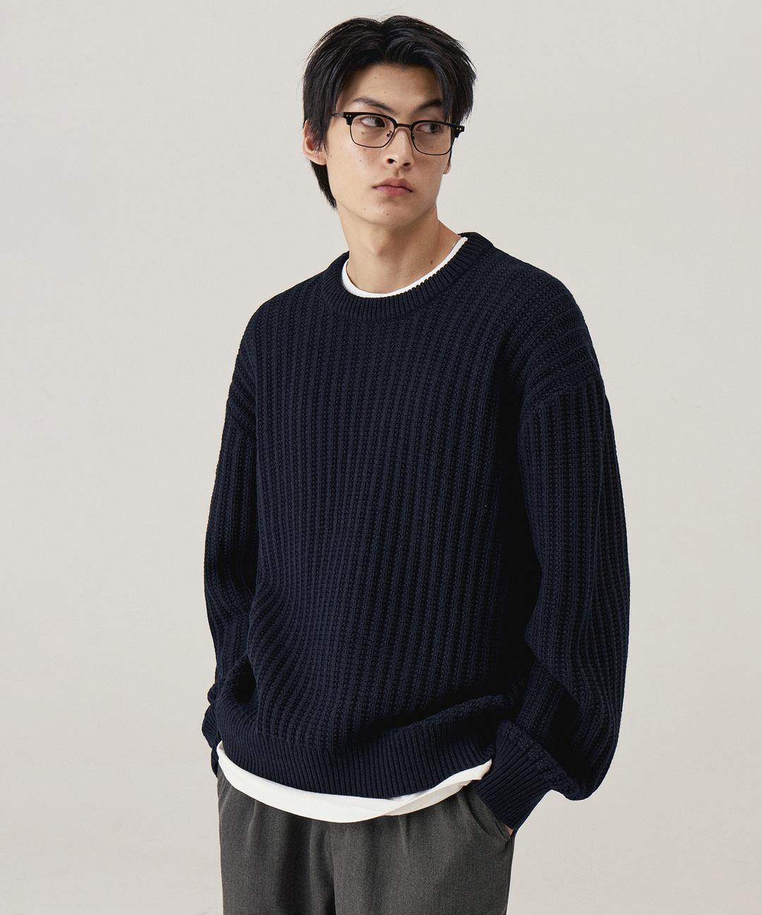 벌키 텍스쳐 크루넥 니트_네이비