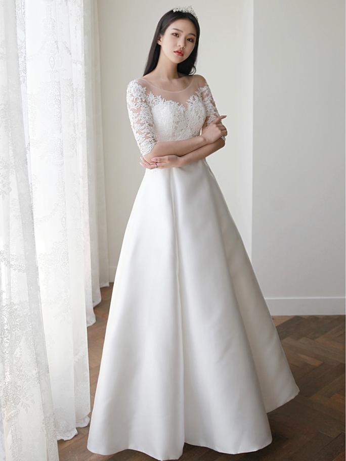 새틴 자수플라워2 셀프웨딩드레스 (S-6XL코르셋) 스몰웨딩드레스 본식드레스구매