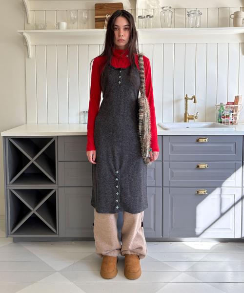 BUTTON HALTER NECK DRESS / charcoal