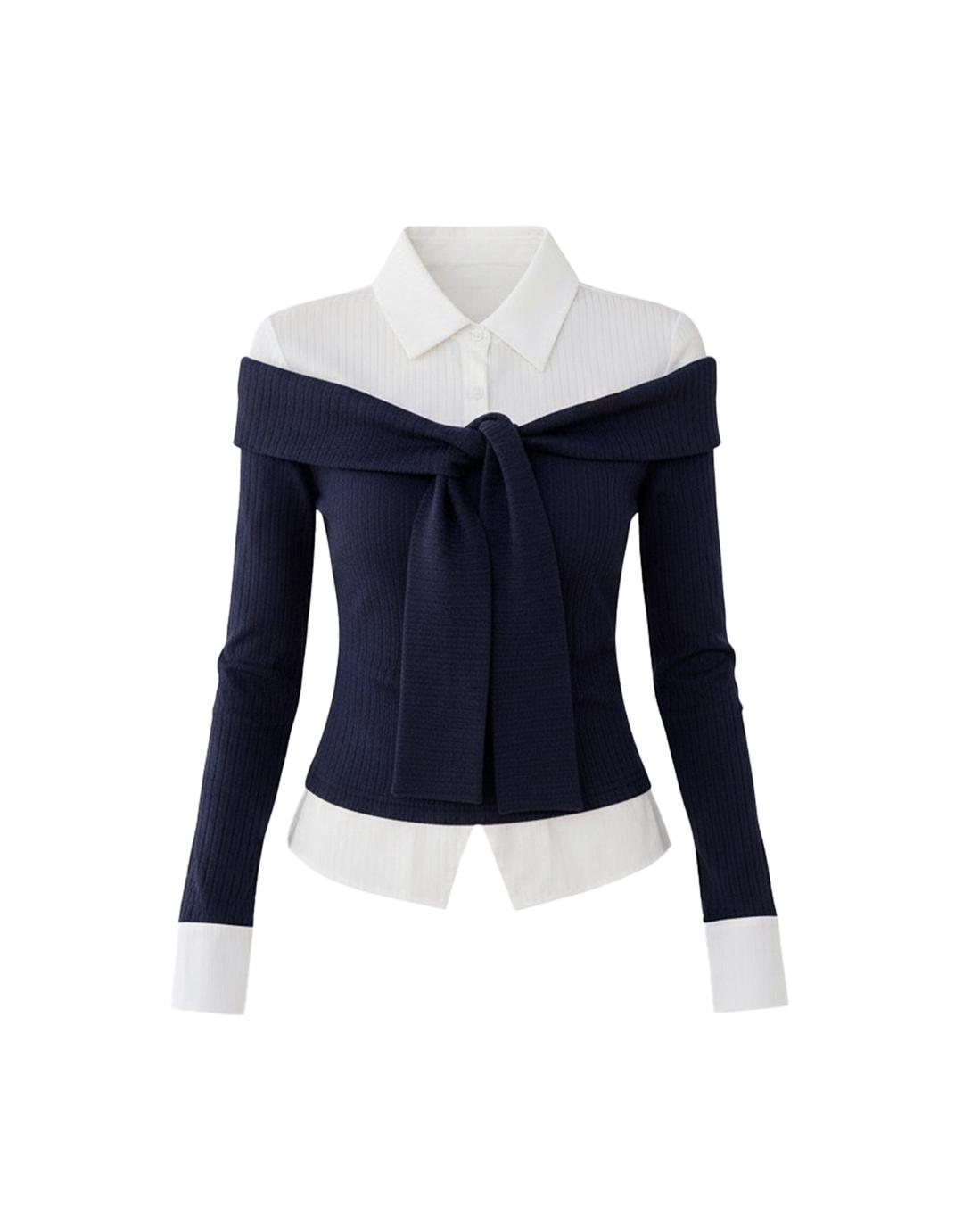 (2차) 엘리 오프숄더 타이 골지 니트 티셔츠 네이비