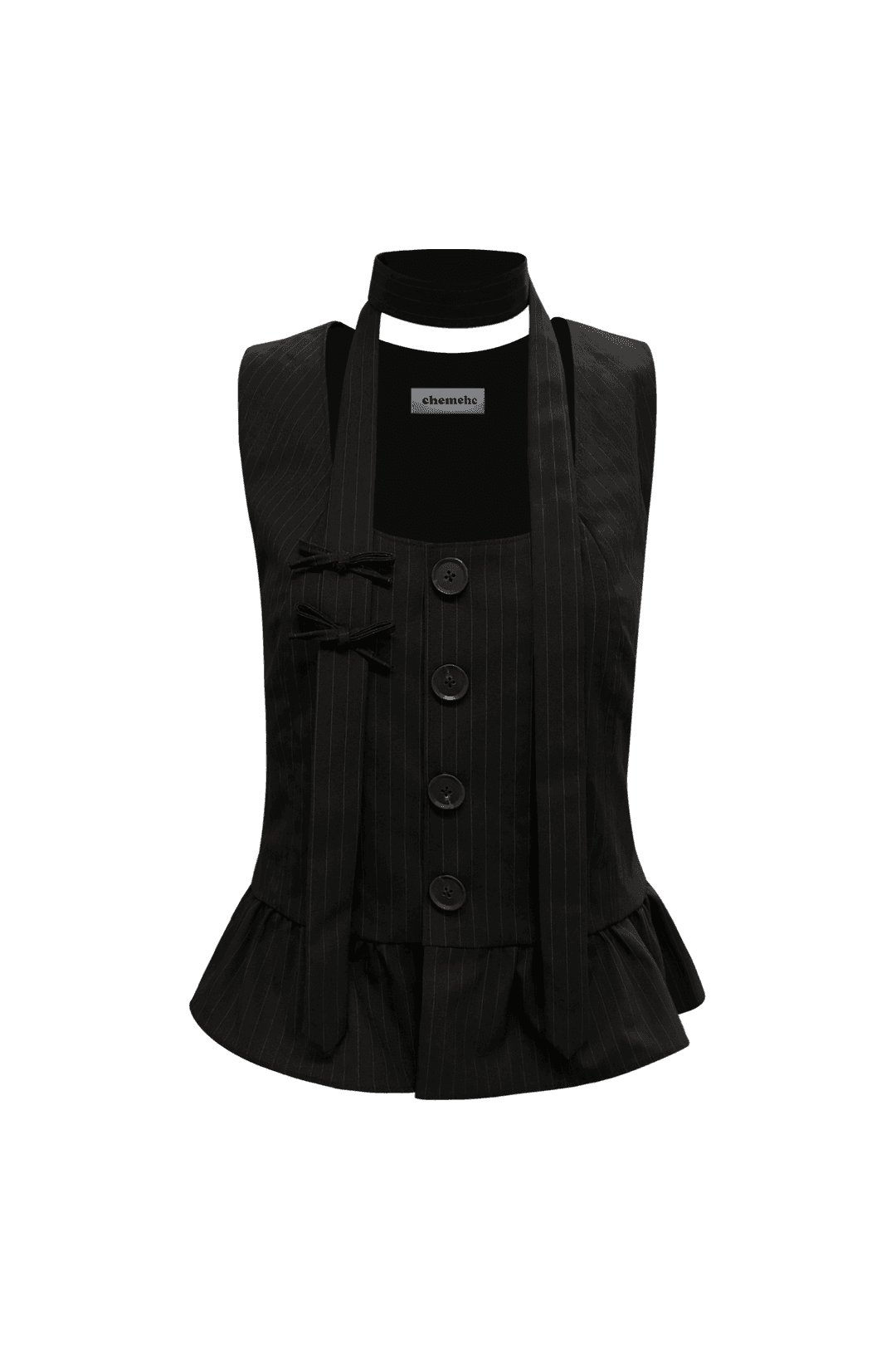 PEPLUM VEST RIBBON TIE SET (BLACK STRIPE)