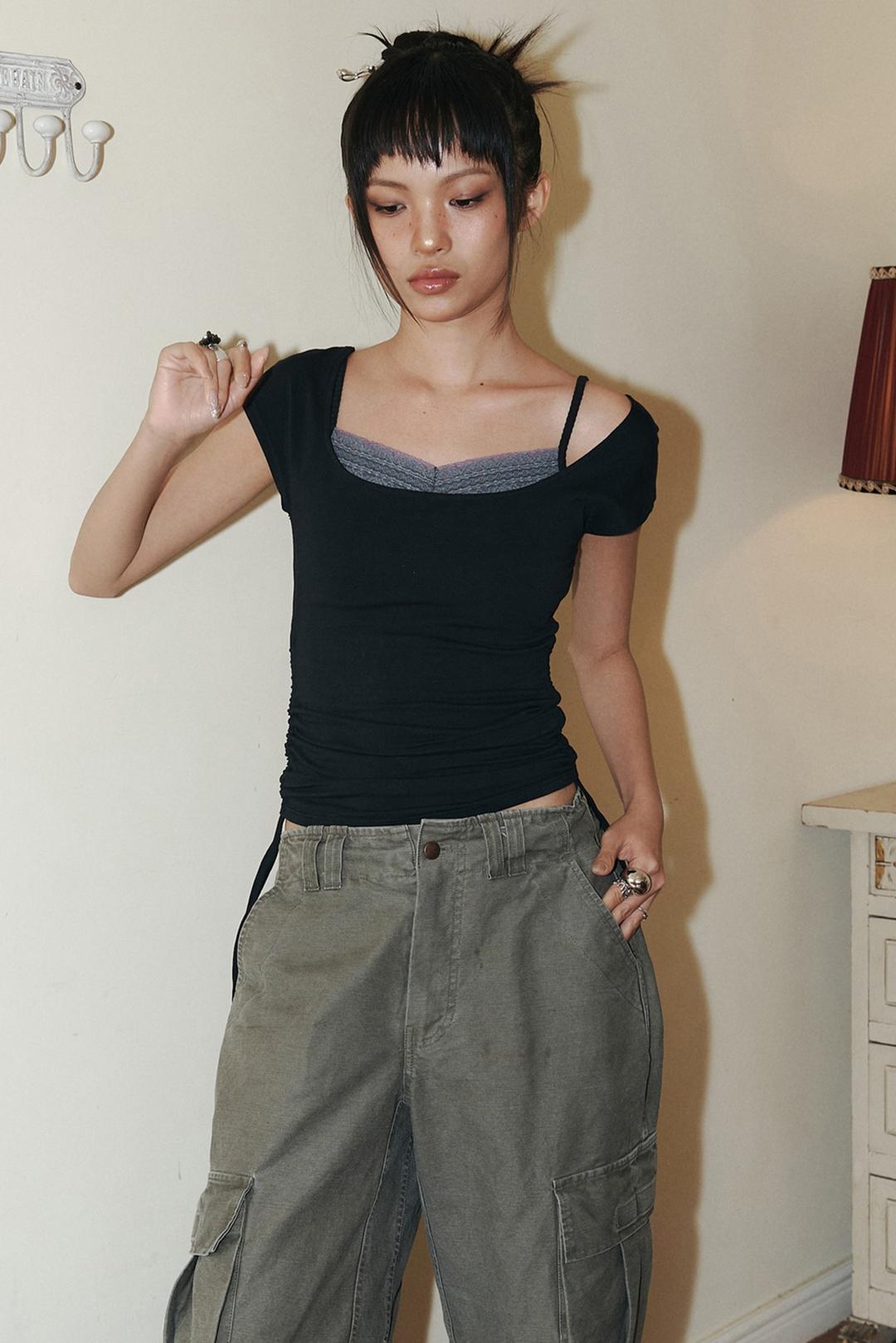 Peachy Side Shirring Short Top (Black)