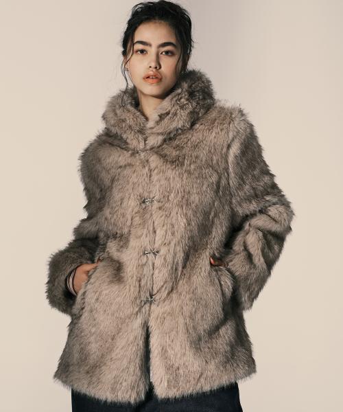 HOODED FUR COAT BEIGE