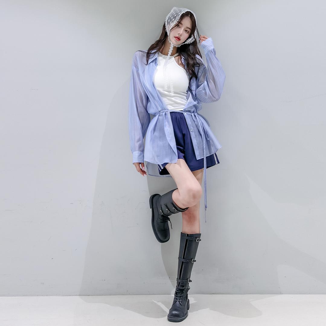 Lotti 스트라이프 양 슬릿 시스루 롱 셔츠 (2color) -D링벨트 세트