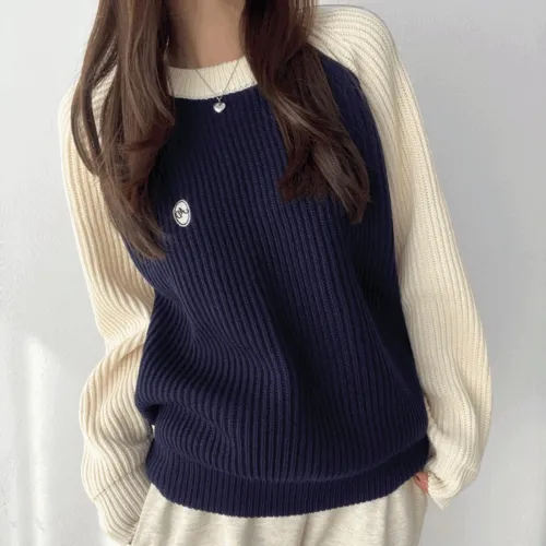 (무배) 도톰 와플 나그랑 배색 루즈핏 라운드넥 니트 티셔츠 3color