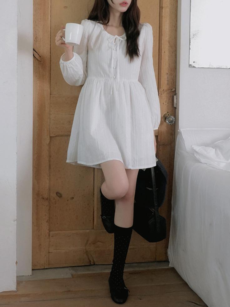 [26SS/러블리 데이트룩] [44-120] 엘니퓨르 코튼 레이스 리본 미니 원피스 (신상-봄-하객룩-출근룩-데일리룩-빅사이즈-120사이즈-자체제작-A라인-플레어-리본원피스-레이스원피스-코튼원피스-셔링-셔링원피스-꽃놀이룩)