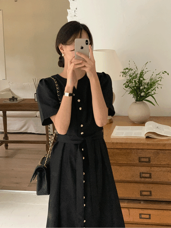 크라운 금장단추 골드버튼 고급 가을 브이넥 핀탁 여자 하객 벨트 롱 원피스