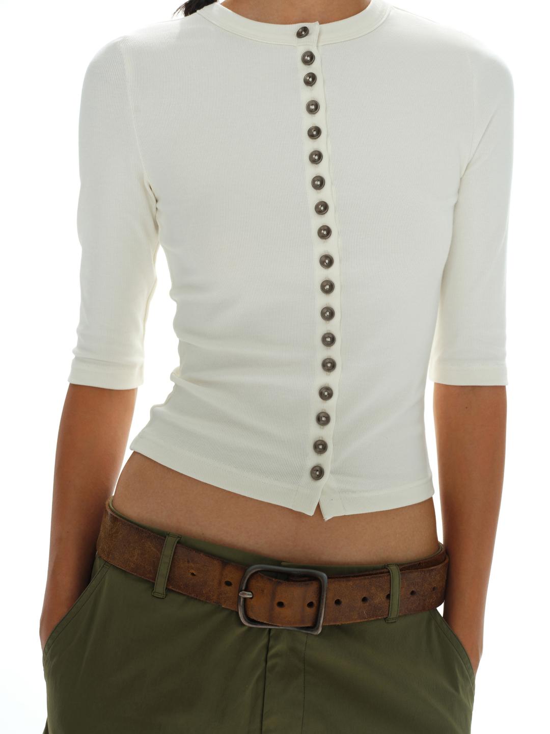 OINIMI row button slim stretch mid-sleeved tight Tee 로우 버튼 타이트 슬림 티셔츠