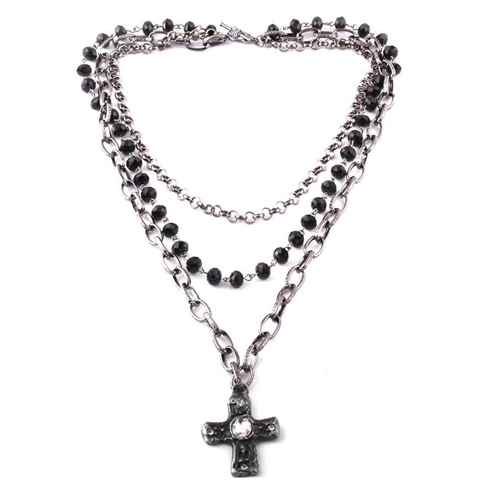 [당일출고] Black stone three layered chain necklace (1color)