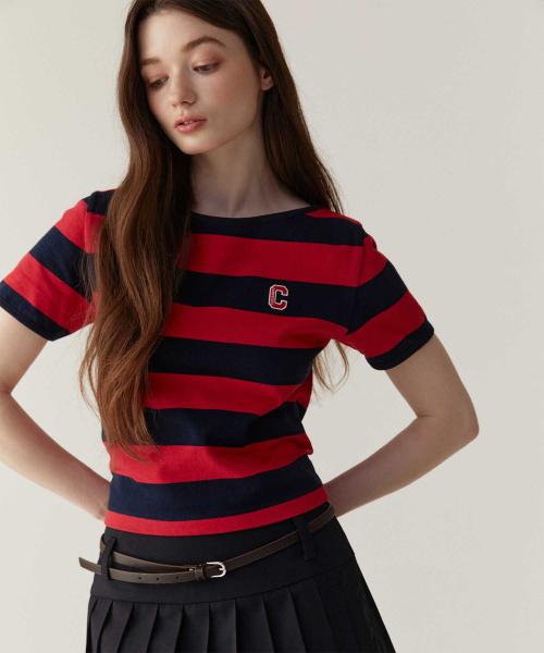 여성 보트넥 스트라이프 반팔티셔츠 레드