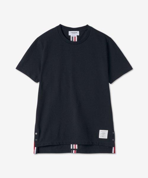 남성 코튼 피케 센터 백 스트라이프 릴렉스 핏 반소매 티셔츠 - 네이비 / MJS056A00050415