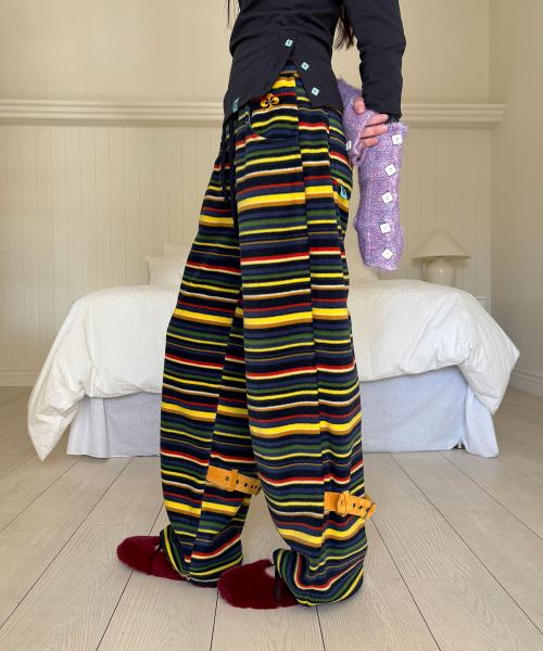 STRIPE FLEECE STRAP WIDE PANTS / navy