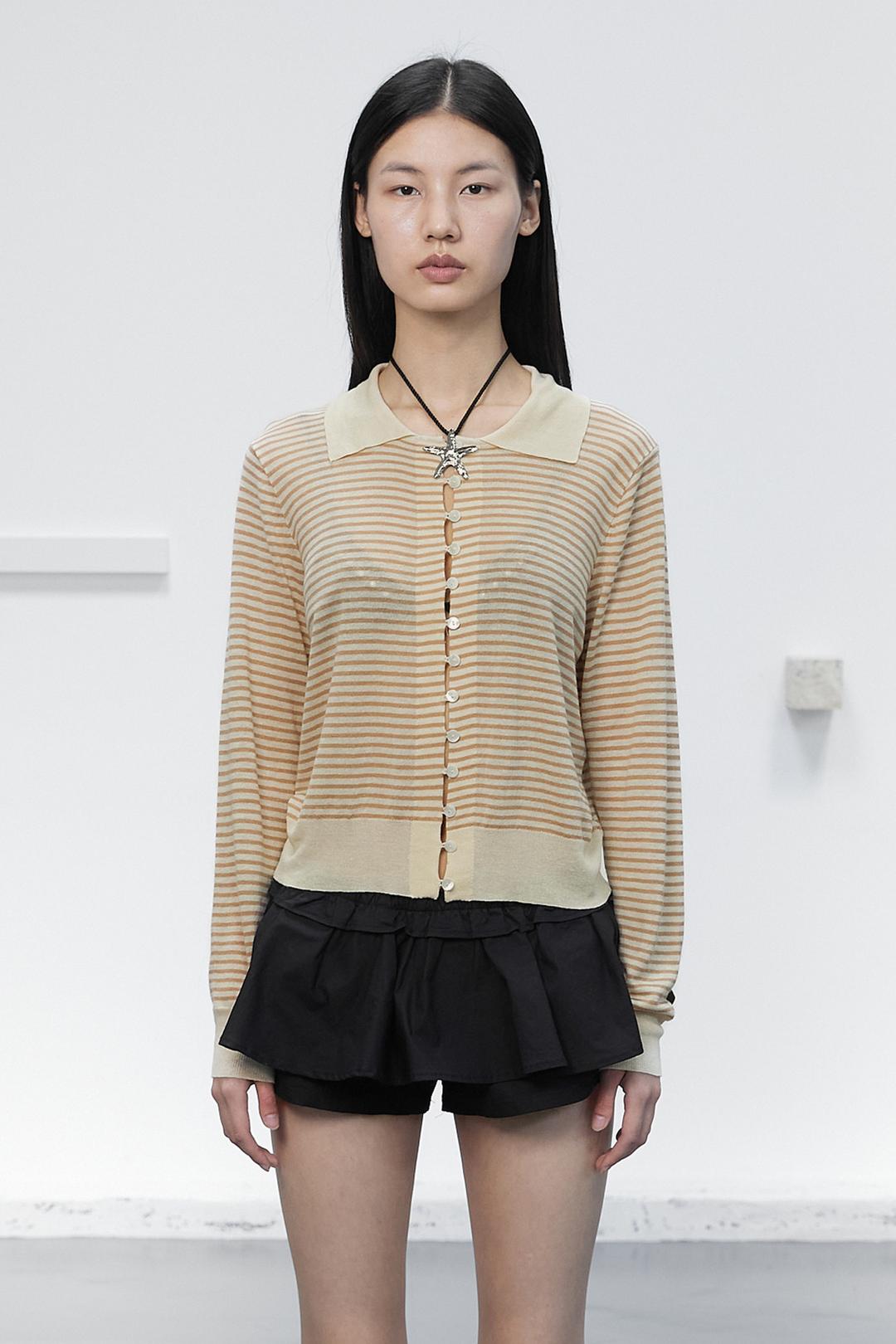 STRIPE COLLAR KNIT CARDIGAN / CREAM