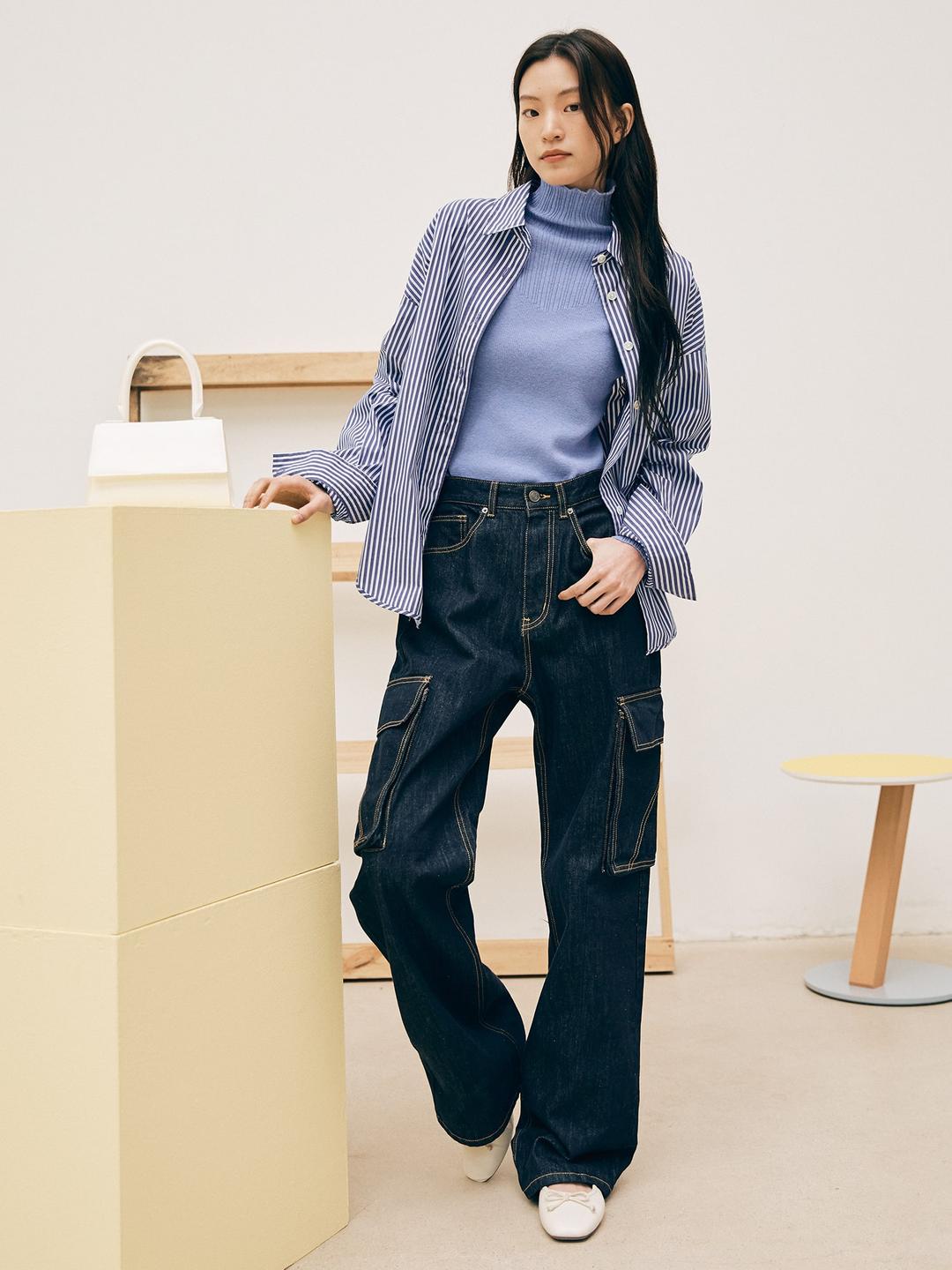 스티치 카고 와이드 데님 팬츠 - 네이비