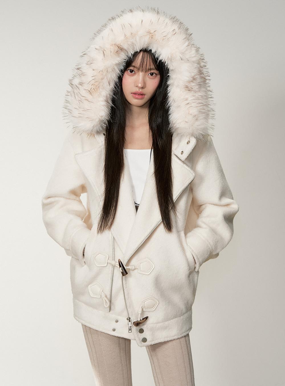 Button Fur Hooded Jacket (2color)