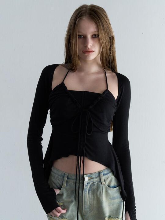 SHIRRING LONG SLEEVE T-SHIRT [BLACK]