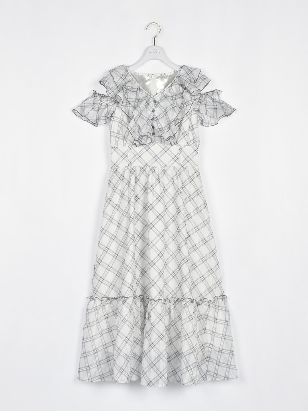 肩開きフリルロングワンピース