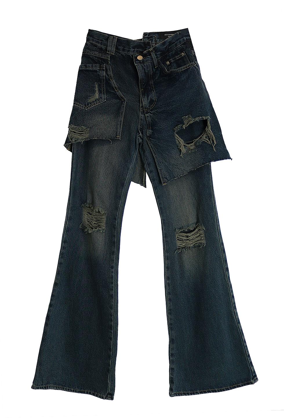 시크윈 DENIM WRAP VINTAGE DAMAGE SKIRT BOOTCUT PANTS 데님랩 언발 빈티지 구제 치마바지 부츠컷팬츠