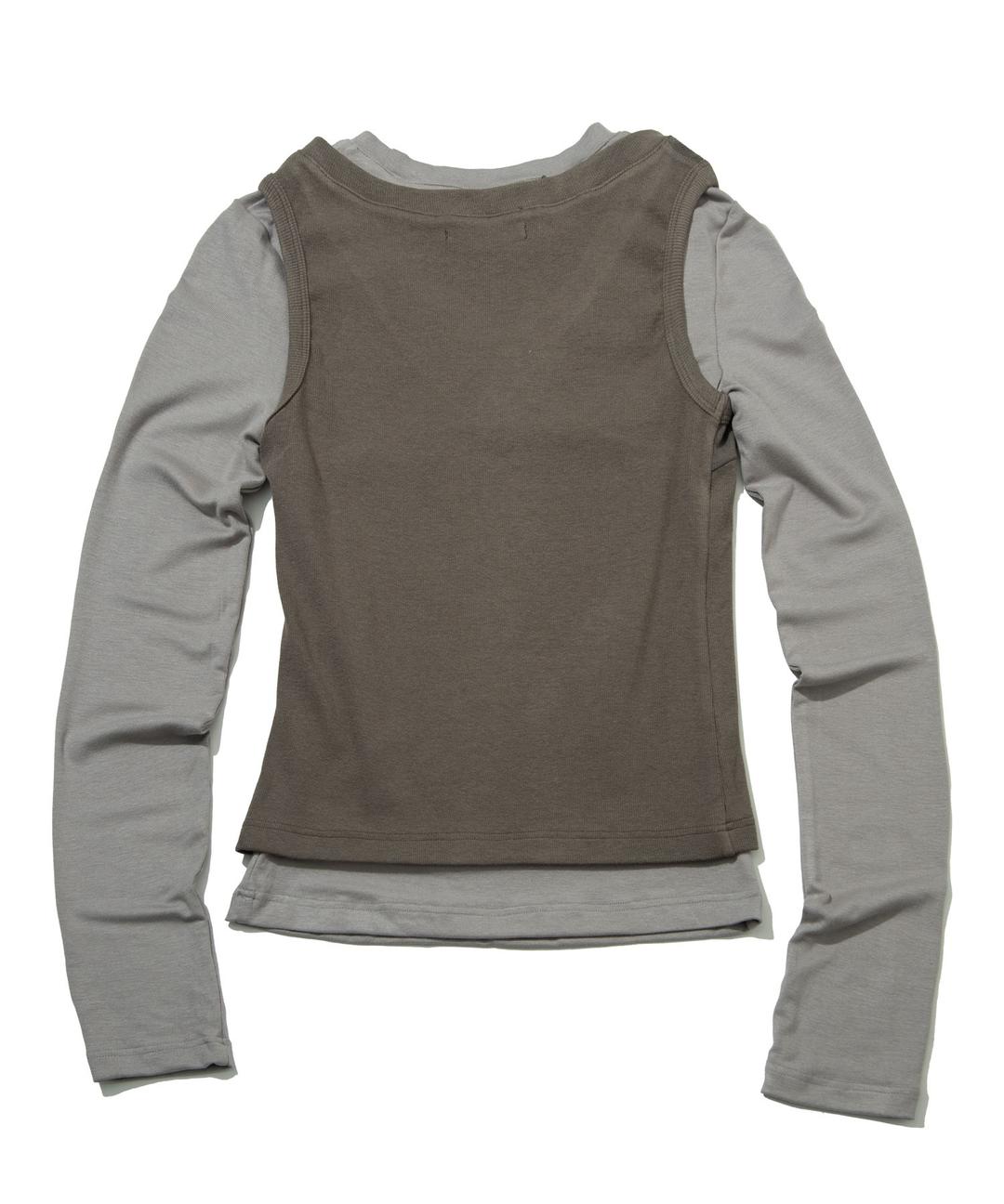 Studded V-neck two-way sleeveless layered t-shirt [Beige]